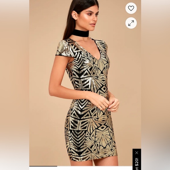 Lulu's Elegant Affair Black and Gold Sequin Print Bodycon Dress/Size Small - Picture 1 of 8